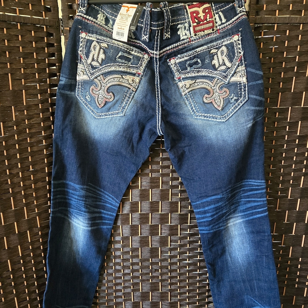 Rock Revival Men's Blue Straight Leg Jeans with Embroidery